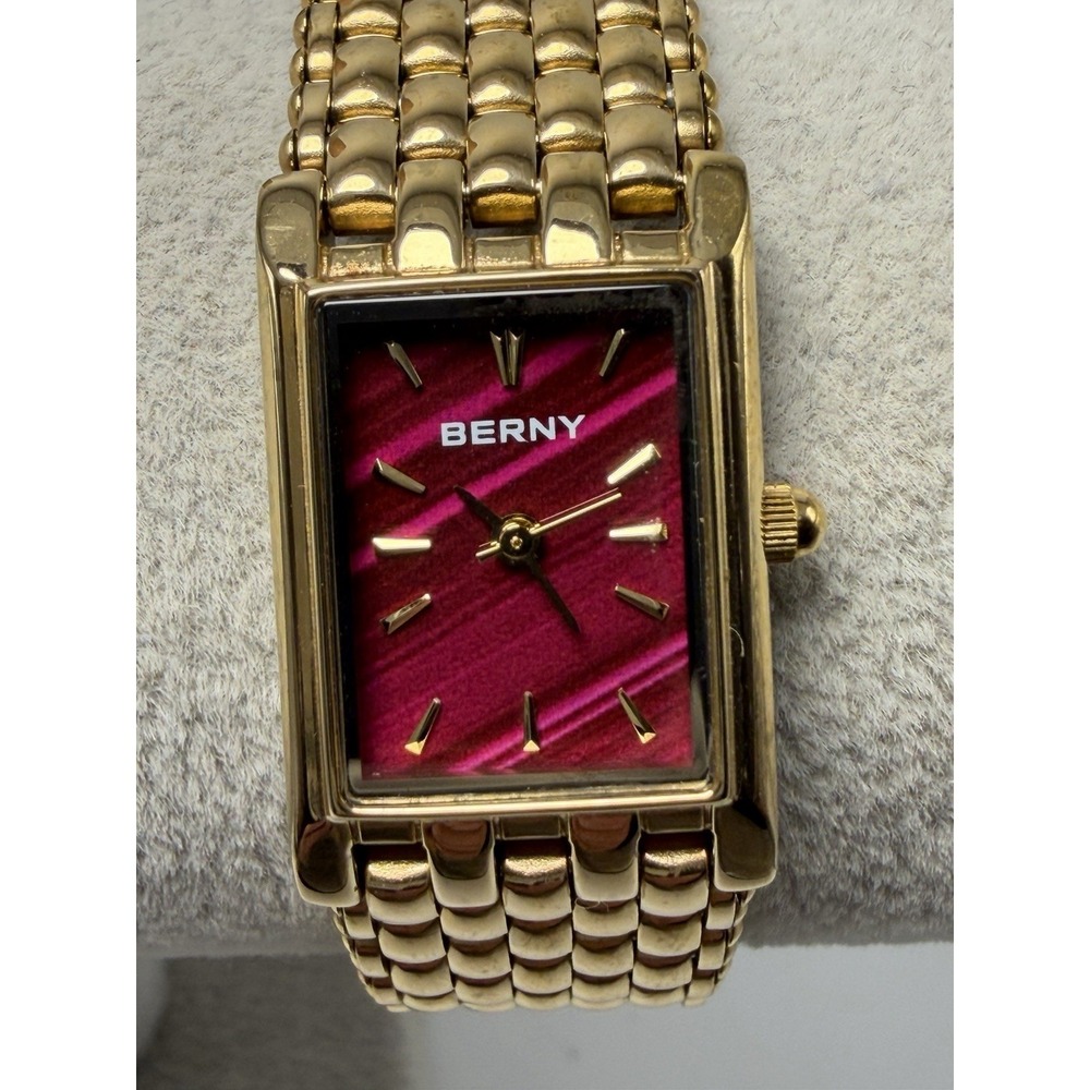 Berny 2166L New‎ Battery Ladies Tank Watch 18MM 7.25" Red Dial Gold Tone